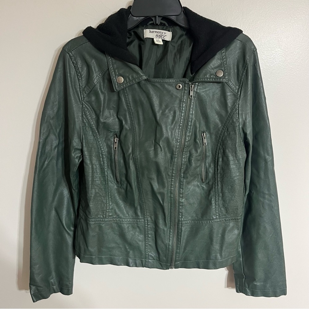 Women's Juniors Harmony & Havoc Faux‎ Leather Jacket Hooded Zipper Size XL Green